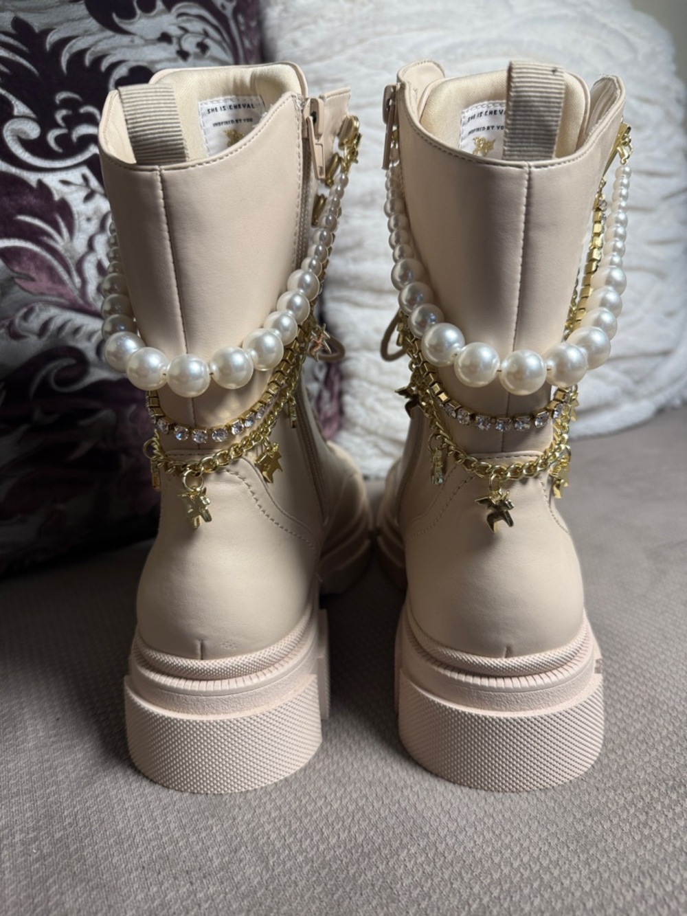 Beige Lace-Up Platform Combat Boots with Pearl & Gold Chain Detail - Picture 4 of 11